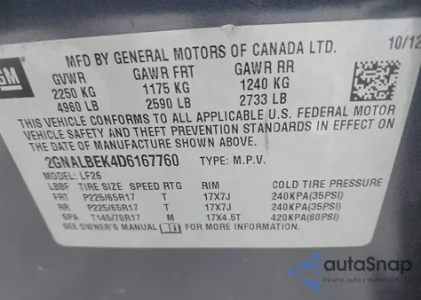 2013 Chevrolet Equinox Ls из США, поврежденный, VIN 2GNALBEK4D6167760